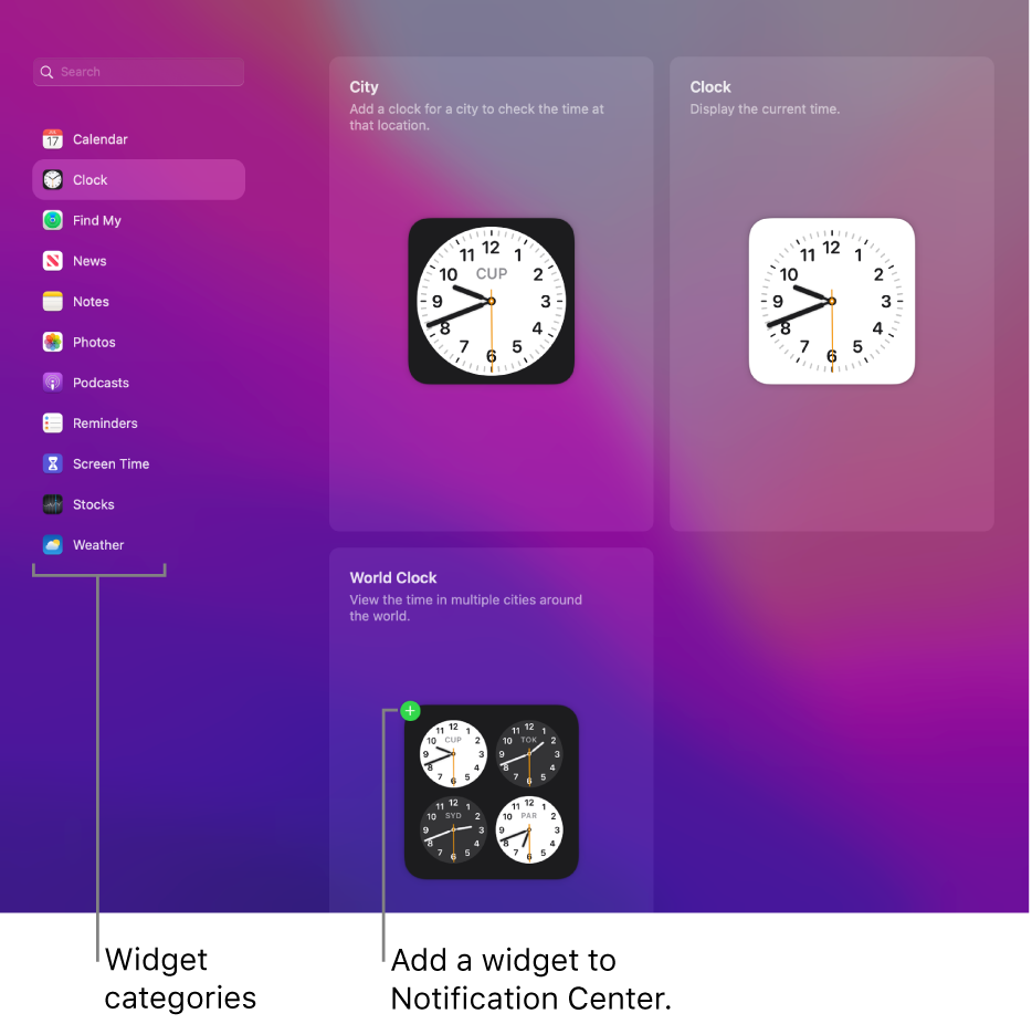 The list of widget categories, with the Clock category selected. The City, Clock, and World Clock widgets are shown. A green plus sign on the World Clock indicates that it can be added to Notification Center.