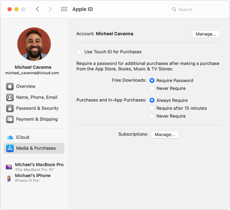 Apple ID preferences showing a sidebar of different types of account options you can use and the Media & Purchases preferences for an existing account.