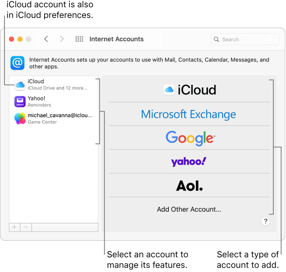 Internet Accounts preferences with accounts listed on the right and available account types listed on the left.