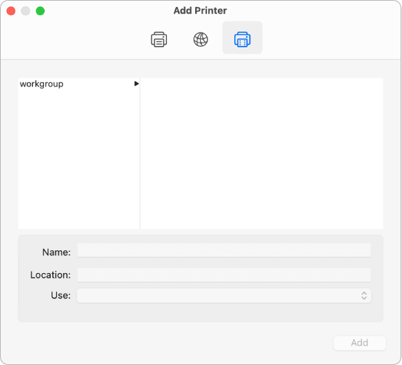 The Add Printer dialog showing the Windows button selected, options for selecting a workgroup, fields for entering the name and location of the printer, and the Use pop-up menu for choosing the printer type.