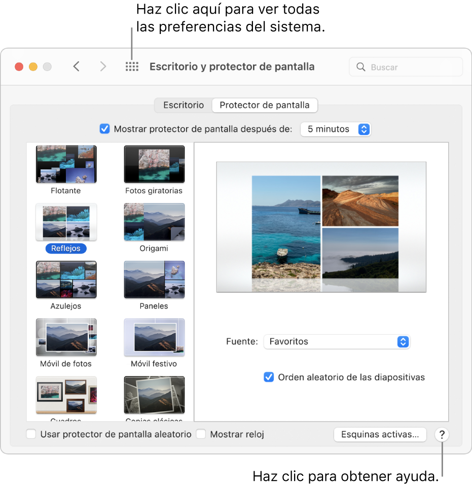 Haz clic en el botón “Mostrar todo” en la barra de herramientas de la ventana Preferencias del Sistema para mostrar los íconos de las preferencias. Haz clic en el botón Ayuda en la esquina inferior derecha de un panel de preferencias para obtener más información sobre el panel.