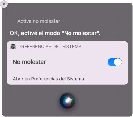 Ventana de Siri mostrando una solicitud para completar la tarea, “Activa no molestar”.