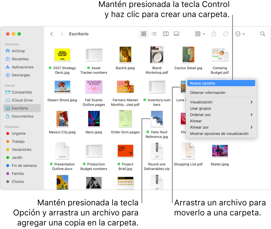 Una ventana del Finder con archivos y carpetas. En el menú de funciones rápidas, “Nueva carpeta” está resaltado.