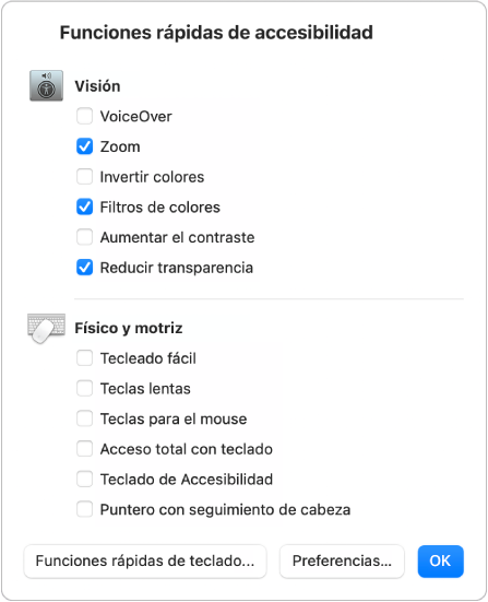 El panel “Atajos de Accesibilidad” con una lista de las funciones de Visión, como “Filtros de color”, y funciones de Destreza motriz, como “Acceso total con teclado”. Selecciona o anula la selección de las funciones para activarlas o desactivarlas.