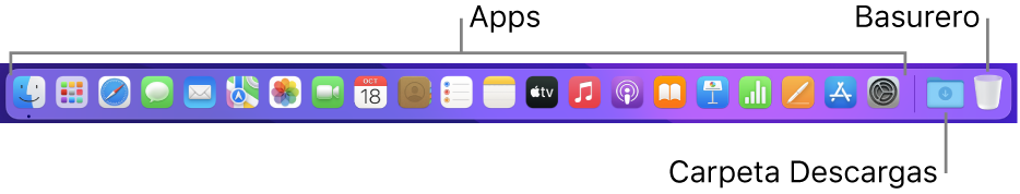 El Dock mostrando íconos de apps, la pila de Descargas, y el Basurero.