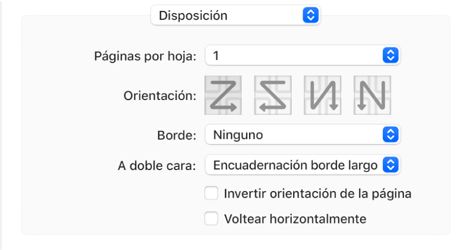 La opción Disposición seleccionada en el menú desplegable “Opciones de impresión”, con la casilla Invertir en orientación de la página.
