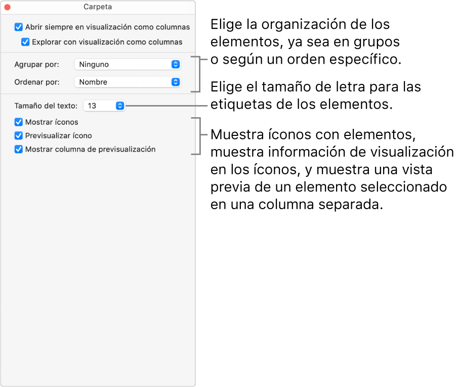 Opciones de visualización de columnas para una carpeta.