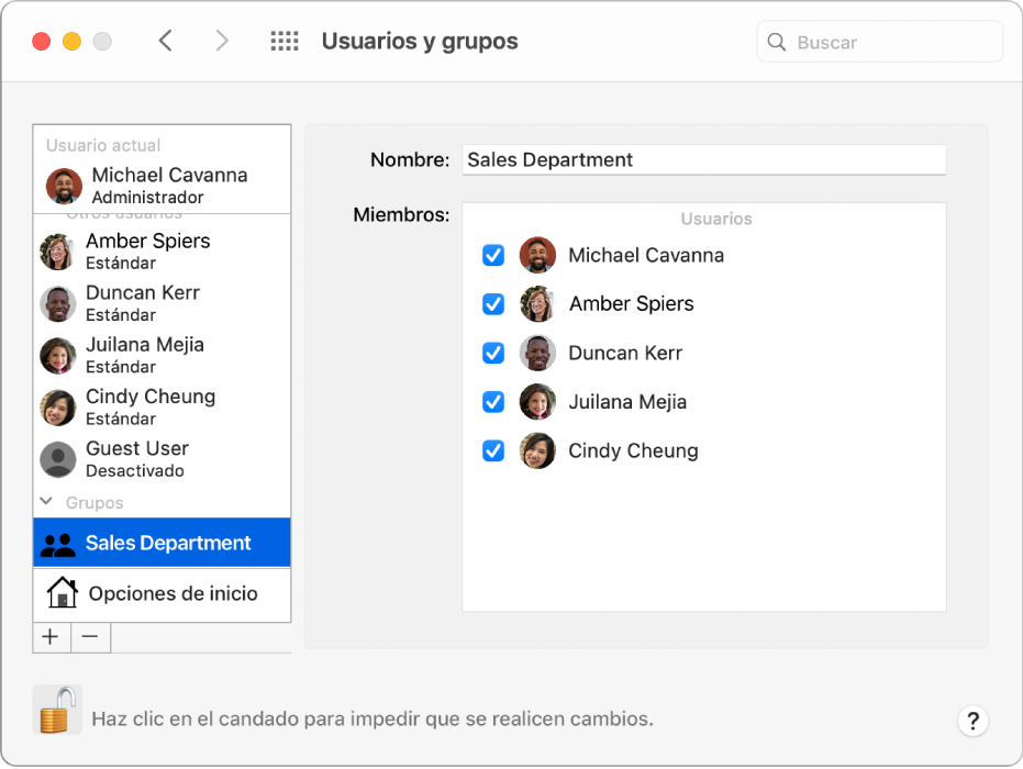 En el panel de preferencias “Usuarios y grupos” se está mostrando un grupo seleccionado a la izquierda, y el nombre del grupo y sus miembros aparecen a la derecha.