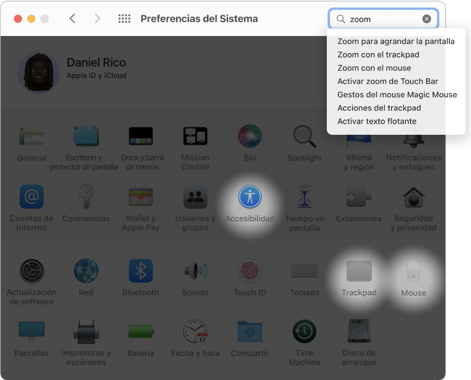La ventana de Preferencias del Sistema con la palabra “zoom” en el campo de búsqueda, una lista de resultados coincidentes debajo del campo de búsqueda, y tres íconos de preferencias resaltados.