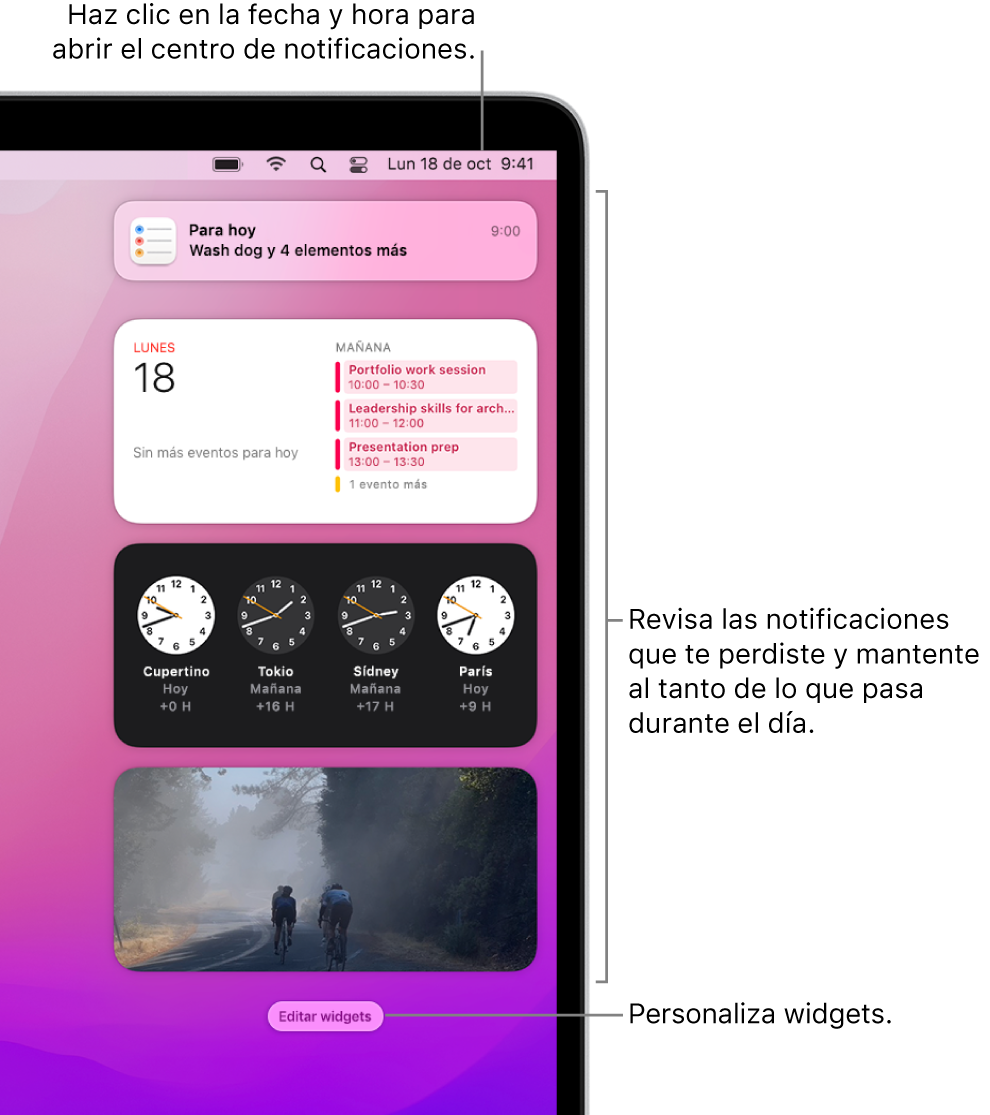 Notificaciones y widgets en el centro de notificaciones.