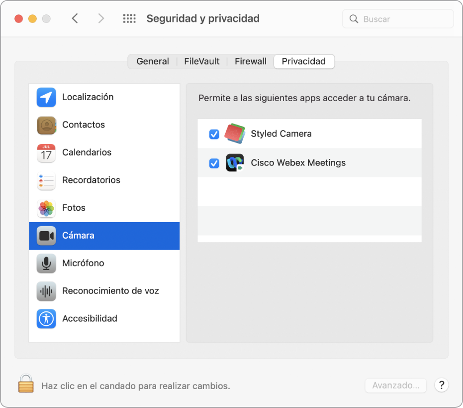 El panel Privacidad en el panel de preferencias “Seguridad y privacidad”. Cámara está seleccionada en la barra lateral de la izquierda, mientras que las apps que tienen acceso a la cámara están seleccionadas a la derecha.