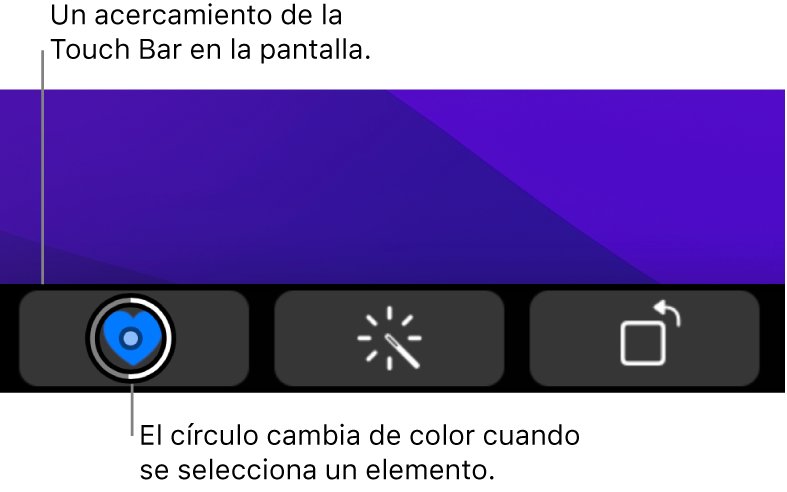 Touch Bar con zoom en la parte inferior de la pantalla; el círculo sobre un botón cambia cuando se selecciona el botón.