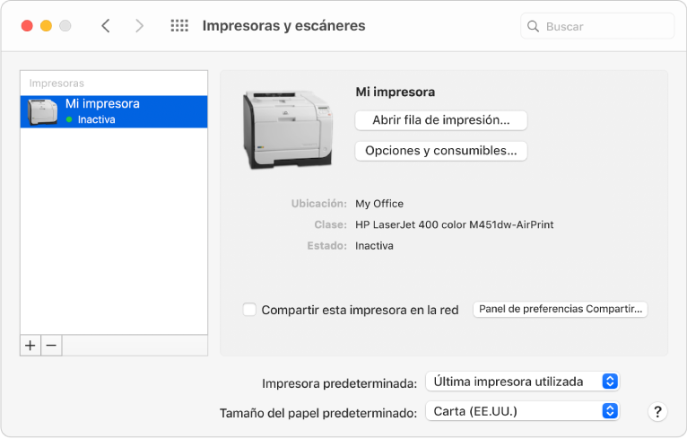 El cuadro de diálogo “Impresoras y escáneres” muestra opciones para configurar una impresora y una lista de impresoras con botones con el símbolo positivo y negativo para agregar y eliminar impresoras en la parte inferior.