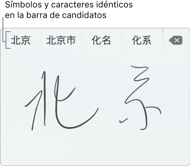 La ventana “Escritura en trackpad” mostrando la palabra Beijing escrita a mano en chino simplificado. Al dibujar trazos en el trackpad, la barra de candidatos (en la parte superior de la ventana “Escritura en trackpad”) muestra las posibles coincidencias de caracteres y símbolos. Toca un candidato para seleccionarlo.