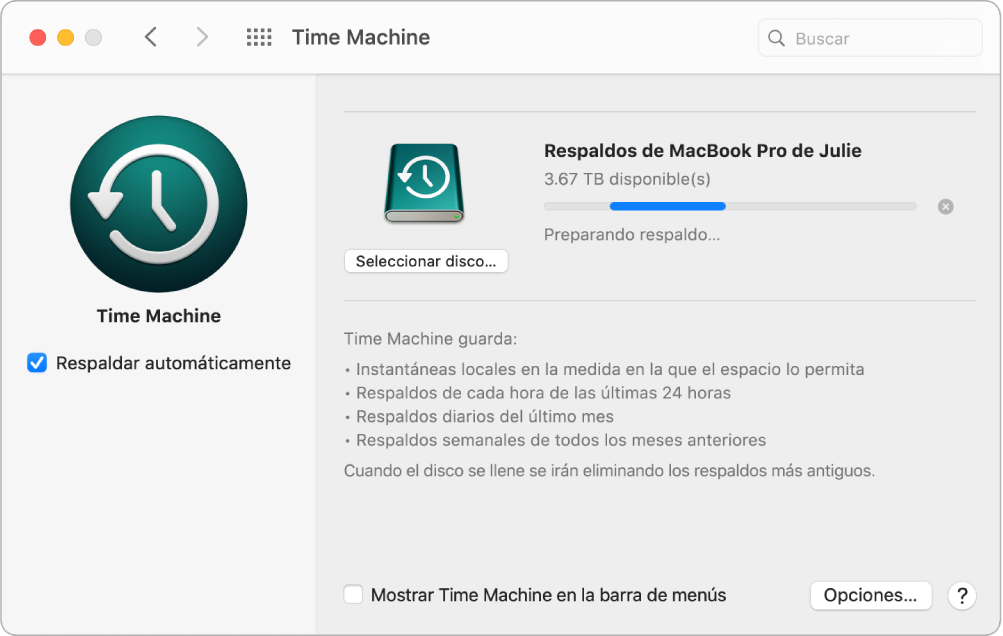 Preferencias de Time Machine mostrando el progreso del respaldo en una unidad externa.