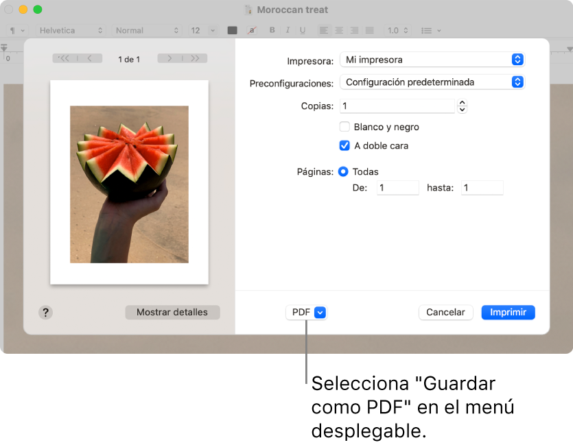 Haz clic en el menú desplegable PDF y selecciona "Guardar como PDF".