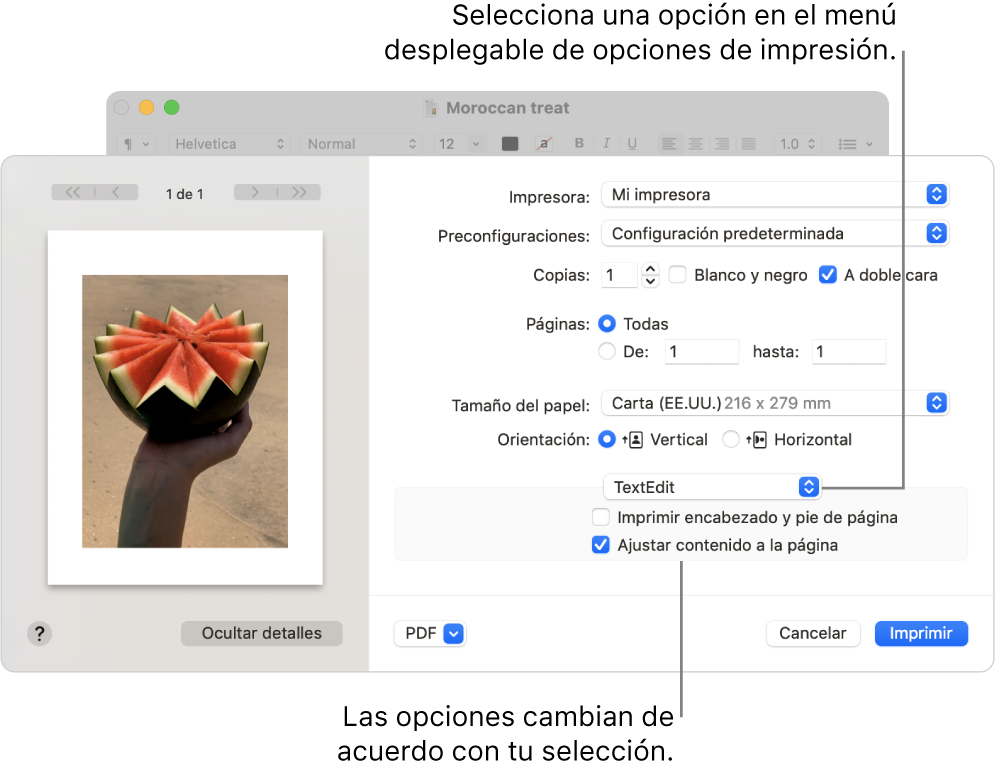 El cuadro de diálogo Imprimir mostrando la configuración avanzada de impresión, con el menú desplegable de opciones de impresión ubicado cerca del centro del cuadro de diálogo. Las opciones de impresión bajo el menú desplegable cambian dependiendo de la opción que selecciones.