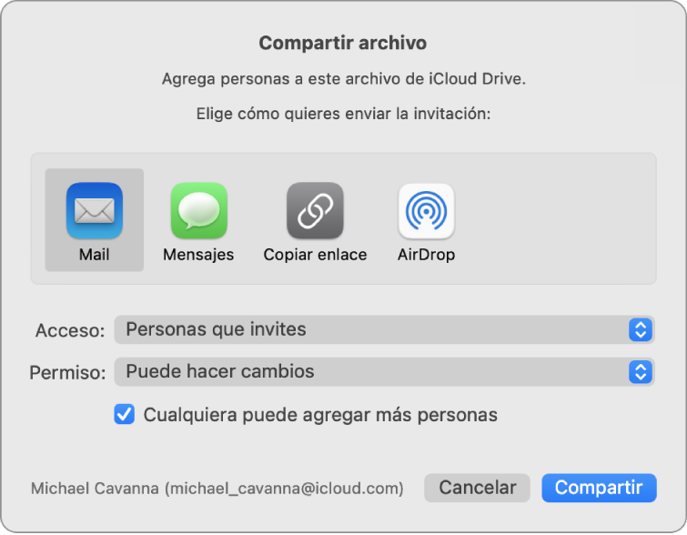 Ventana “Compartir archivo” mostrando las apps que puedes usar para hacer invitaciones y las opciones para compartir documentos.