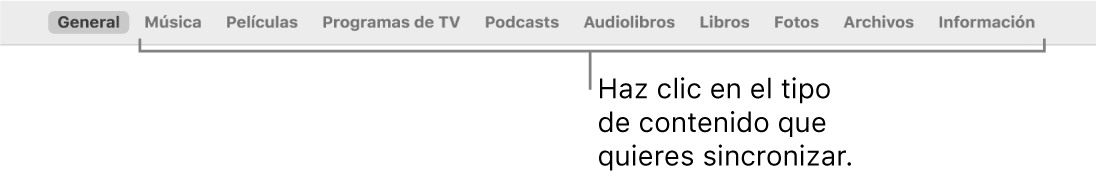 La barra de botones mostrando el botón General y los botones para contenido, como música, películas, programas de TV y más.