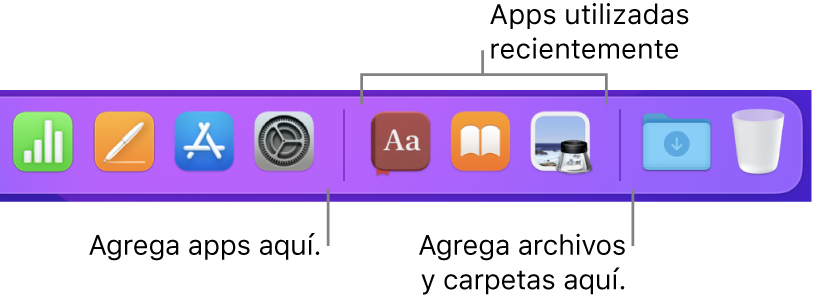 Una parte del Dock mostrando las líneas de separación entre apps, apps usadas recientemente, archivos y carpetas.