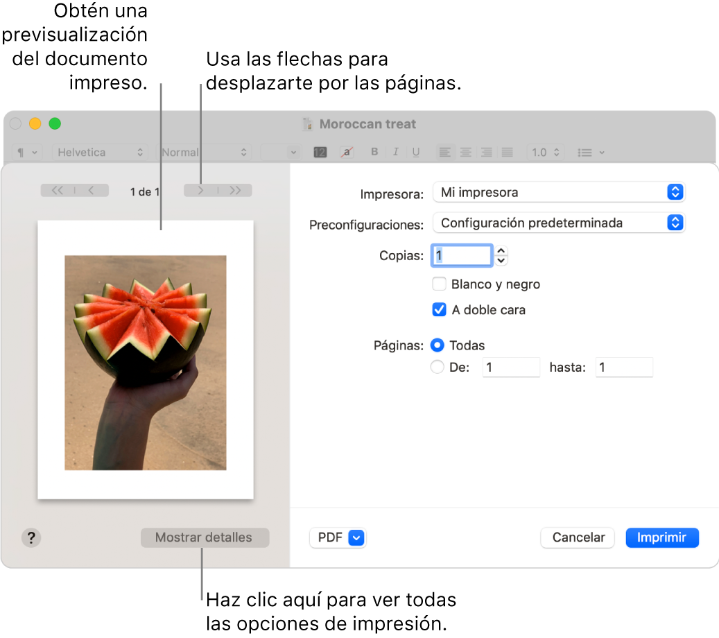 El cuadro de diálogo Imprimir muestra una vista previa del trabajo de impresión. Haz clic en el botón "Mostrar detalles" para ver más opciones de impresión.