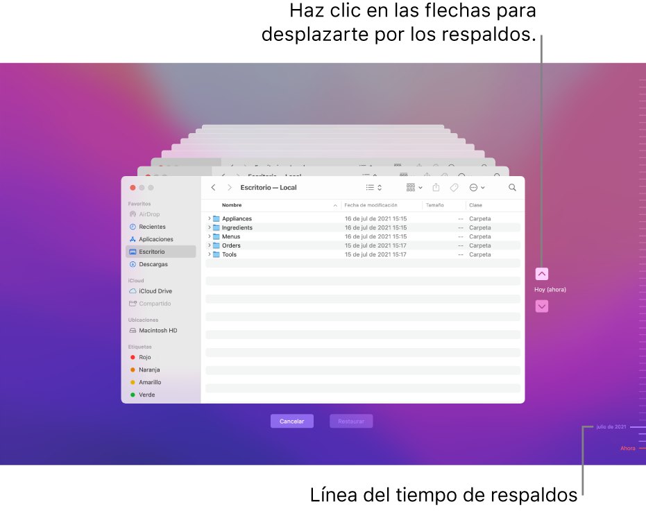 Cuando se abre Time Machine, se ve una pantalla borrosa con varias pantallas del Finder apiladas para representar los respaldos. Haz clic en las flechas para navegar a través de tus respaldos (o haz clic en la línea de tiempo de respaldo a la derecha) y selecciona los archivos que quieres restaurar.