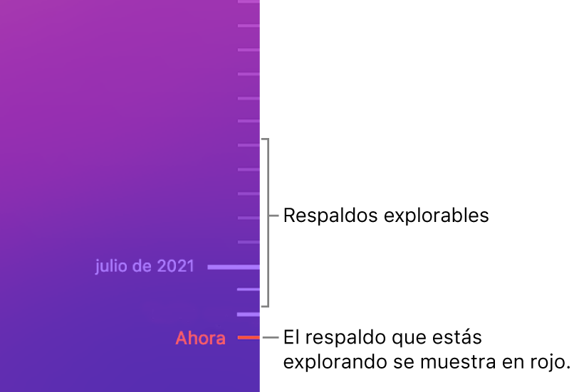 Marcas de verificación en la línea del tiempo de los respaldos. La marca rojo indica el respaldo que estás explorando.