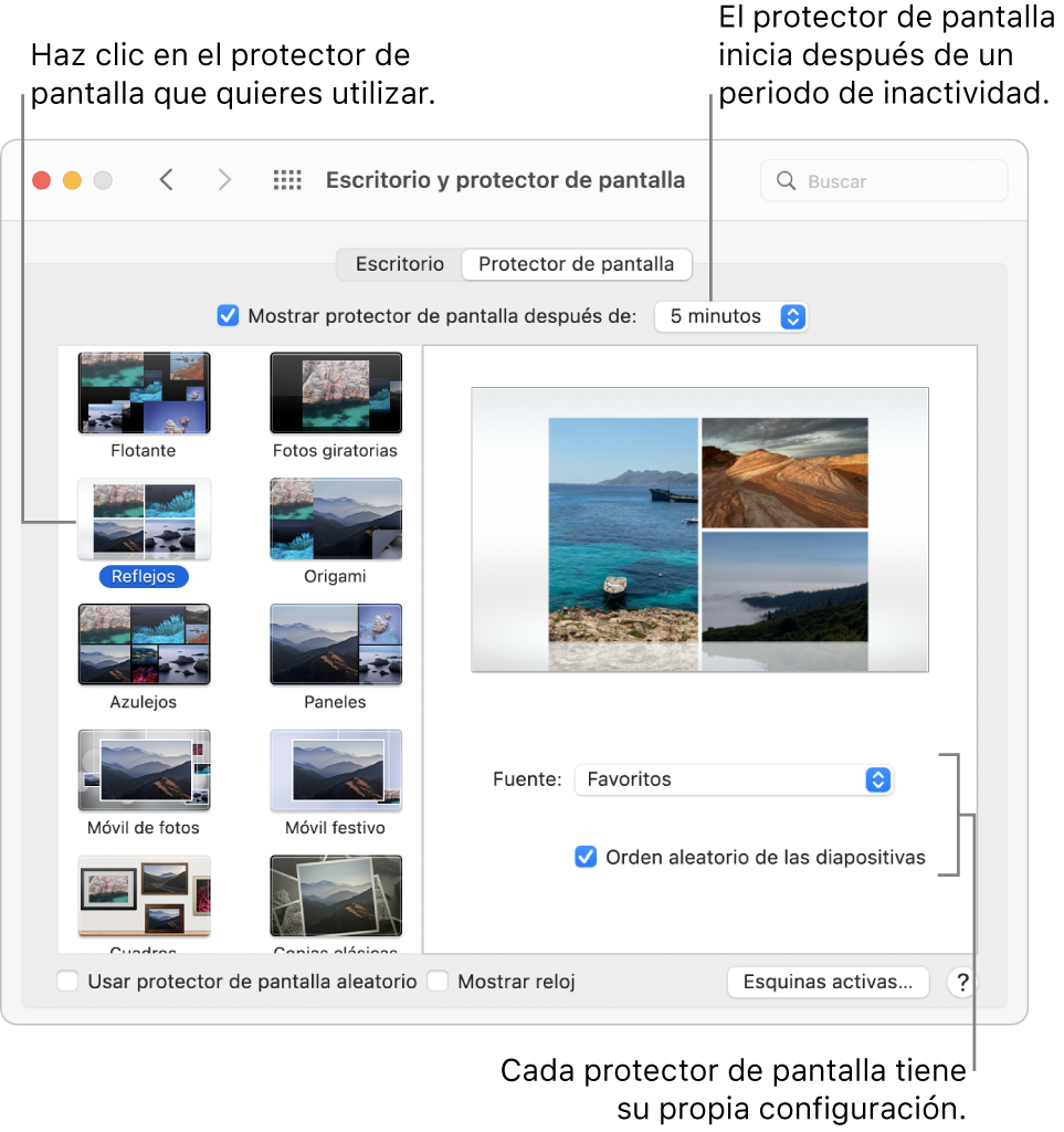 El panel “Protector de pantalla” de Preferencias del Sistema.