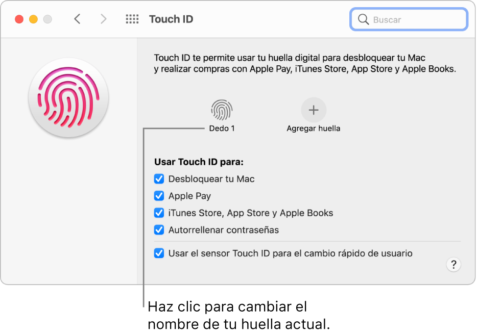 El panel de preferencias Touch ID mostrando una huella digital lista para usarse para desbloquear la Mac.