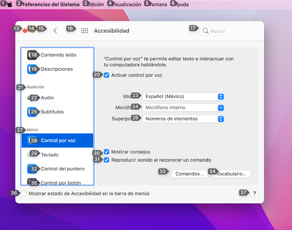 La porción izquierda de la barra de menús mostrando un número junto a cada elemento de la barra de menús. Debajo está el panel de Control por voz de las preferencias de Accesibilidad, mostrando un número junto a cada control de la interfaz de usuario.