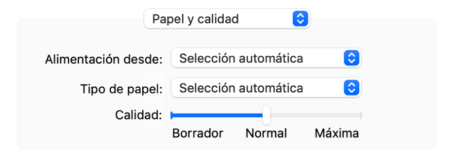 La opción “Papel y calidad” mostrando los menús desplegables “Alimentación desde” y “Tipo de papel” y un regulador de escala de calidad.