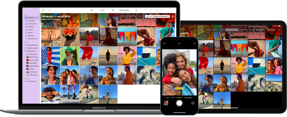 Una Mac, un iPhone y un iPad mostrando la misma fototeca.