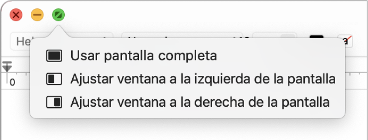 El menú que aparece al mover el puntero sobre el botón verde de la esquina superior izquierda de una ventana. Los comandos del menú, de la parte superior a la parte inferior, son los siguientes: “Usar pantalla completa”, “Ajustar ventana a la izquierda de la pantalla” y “Ajustar ventana a la derecha de la pantalla”.