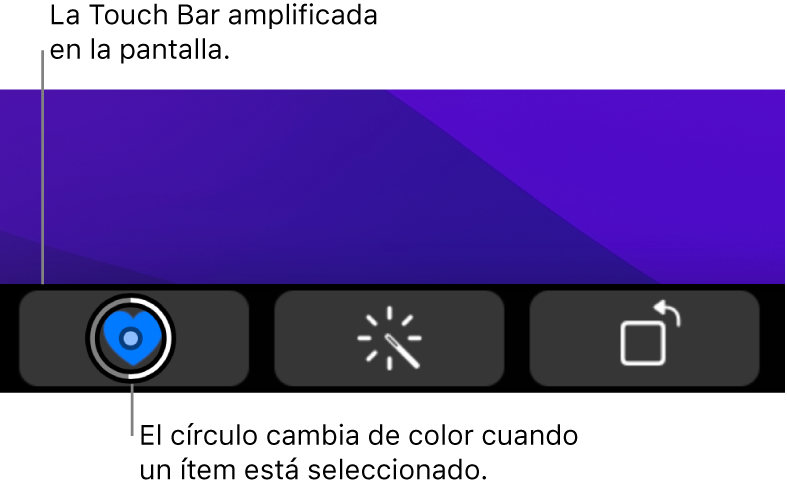 La Touch Bar con aumento de zoom en la parte inferior de la pantalla; el círculo que rodea a un botón cambia cuando se selecciona el botón.