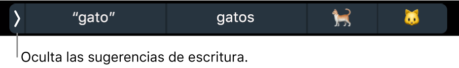 Sugerencias de escritura con palabras y emojis, y un botón a la izquierda para ocultar las sugerencias de escritura.