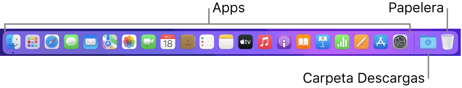 Dock que muestra iconos de apps, la pila Descargas y la Papelera.