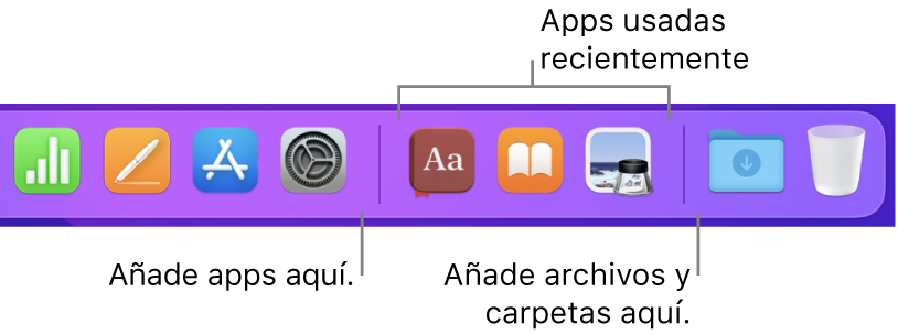 Una parte del Dock que muestra las líneas de separación entre apps, apps usadas recientemente, archivos y carpetas.
