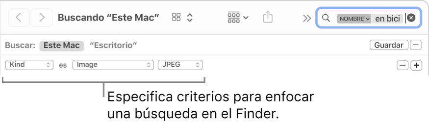 Una ventana del Finder con campos para especificar criterios de búsqueda.