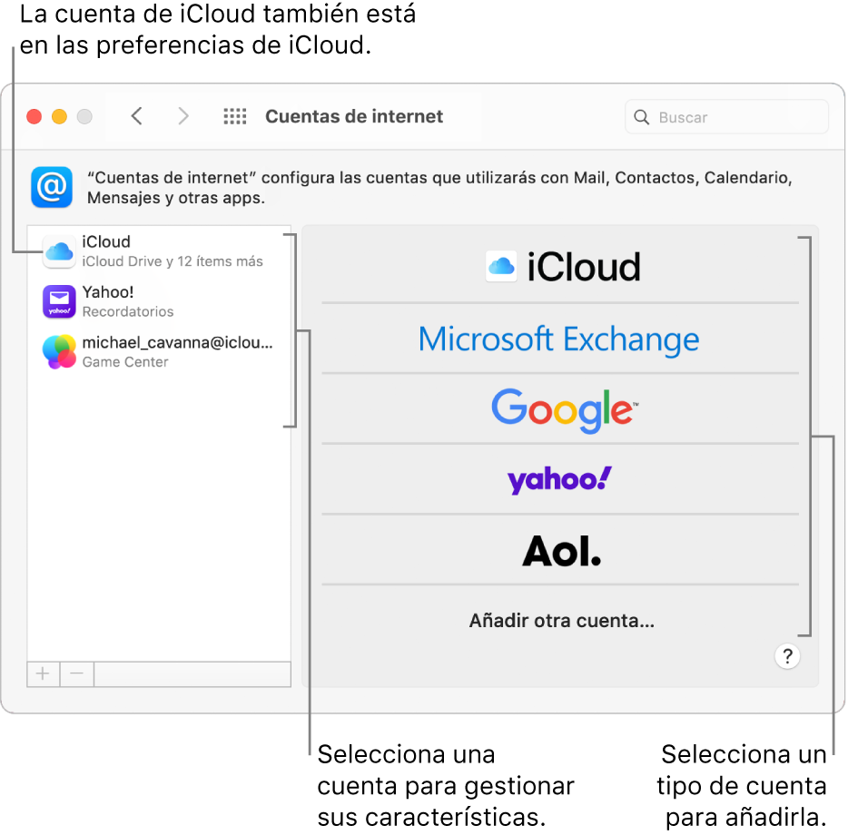 Panel de preferencias “Cuentas de internet” con cuentas a la derecha y los tipos de cuenta disponibles indicados a la izquierda.