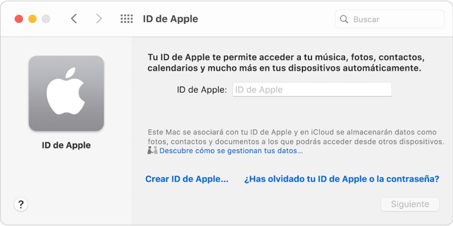 Cuadro de diálogo del ID de Apple, listo para introducir un ID de Apple. Un enlace “Crear ID de Apple” te permite crear un nuevo ID de Apple.