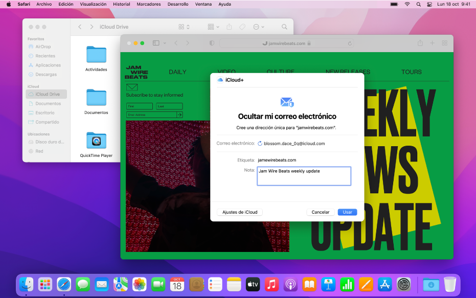Un escritorio de Mac que muestra dos ventanas abiertas: el Finder con archivos de iCloud Drive y la app Safari con los ajustes de “Ocultar mi correo electrónico”.