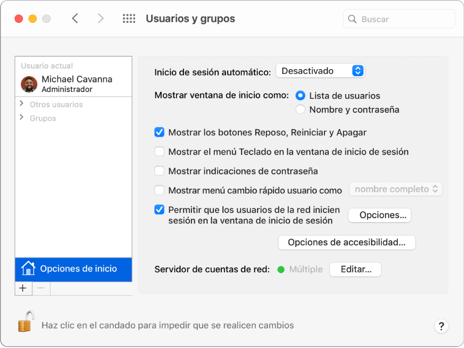 El panel “Opciones de inicio” en las preferencias “Usuarios y grupos”, donde puedes seleccionar opciones para personalizar cómo inicia sesión un usuario.