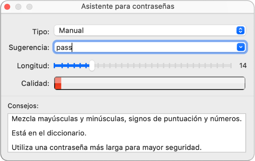 Ventana del asistente para contraseñas, con opciones para crear una contraseña.