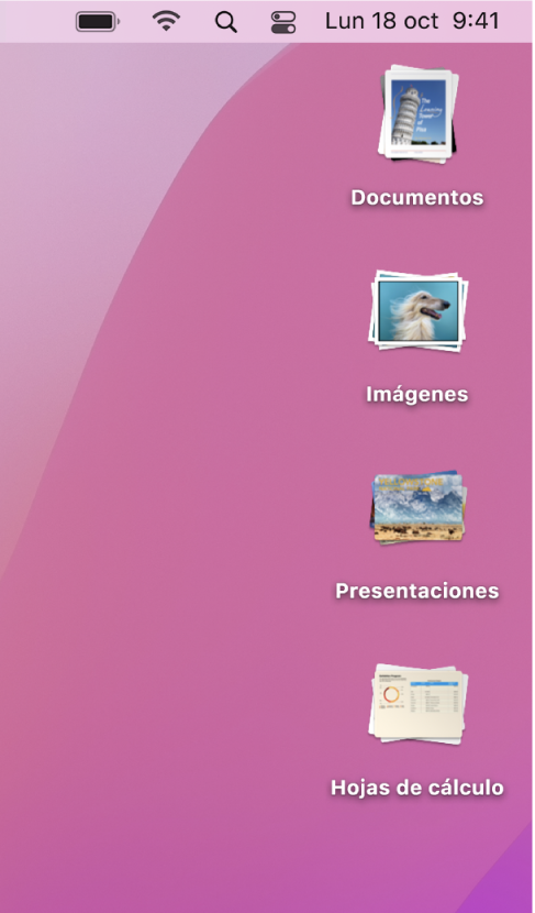 Un escritorio del Mac con cuatro pilas (para documentos, imágenes, presentaciones y hojas de cálculo) a lo largo del extremo derecho de la pantalla.