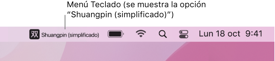 El lado derecho de la barra de menús. El menú de entrada muestra la fuente de entrada Shuangpin - Simplificado.