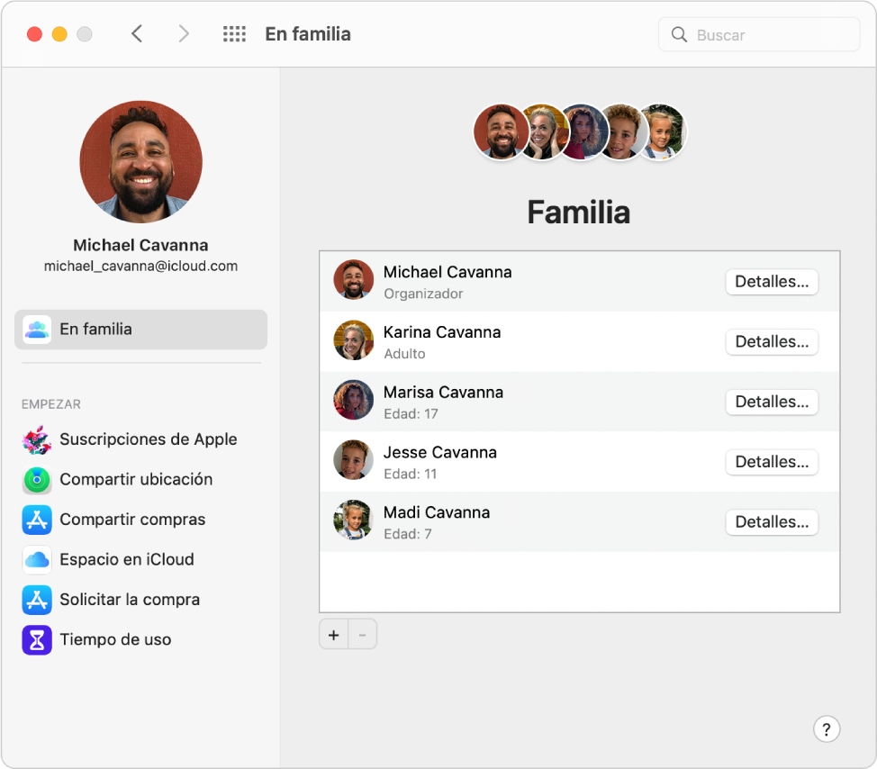 Panel de preferencias “En familia” con una barra lateral que incluye distintos tipos de opciones de cuenta que puedes usar y las preferencias de Familia de una cuenta existente.