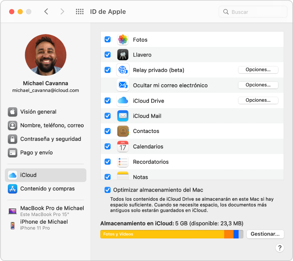 Preferencias del ID de Apple con una barra lateral que incluye distintos tipos de opciones de cuenta que puedes usar y las preferencias de iCloud de una cuenta existente.