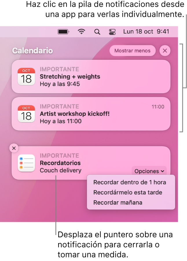 Notificaciones de apps en la esquina superior derecha del escritorio, incluida una pila abierta de dos notificaciones de Recordatorios con un botón “Mostrar menos” para contraer la pila y una notificación de Calendario con un botón Posponer.