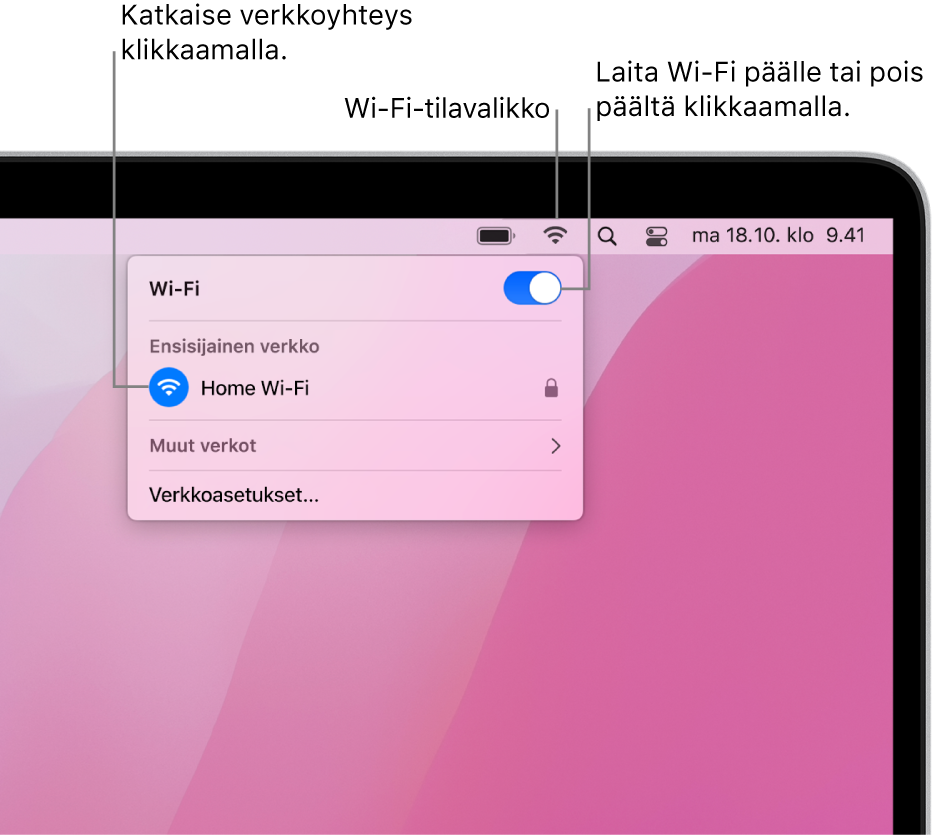 Wi-Fin tilavalikko, jossa näkyvät oma hotspot ja kaksi ensisijaista verkkoa.