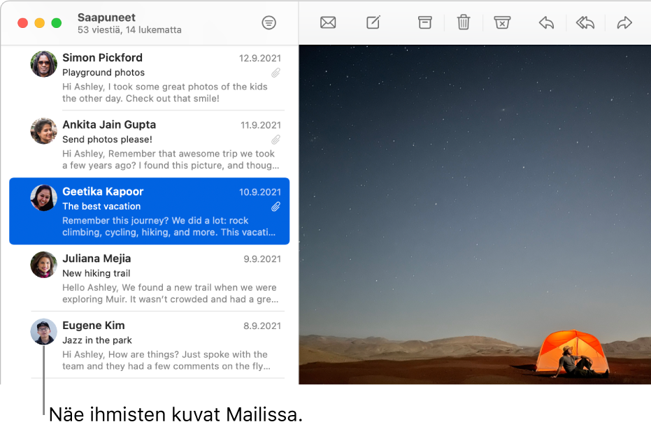 Mail-ikkunassa näkyy viestiluettelo, jossa on lähettäjien kuvia heidän nimiensä vieressä.